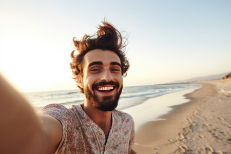 shot of a young man using his mobile phone while taking a selfie at the beach, created with generative aiの素材
