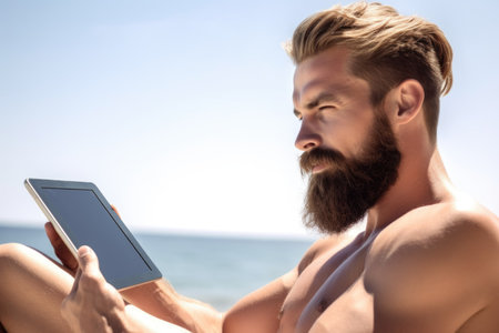 cropped shot of a handsome gay man using his tablet while sunbathing at the beach, created with generative aiの素材