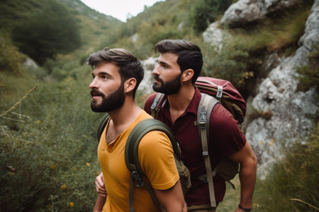 shot of a gay couple exploring the outdoors, created with generative aiの素材