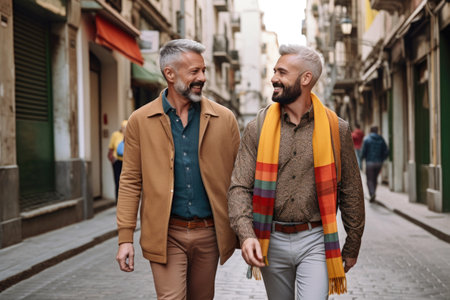 shot of a gay couple walking on the street together, created with generative aiの素材