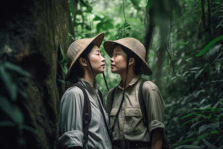 shot of a lesbian couple standing together while exploring in vietnam, created with generative aiの素材