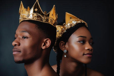 cropped shot of a different couple in queen and king crowns, created with generative aiの素材