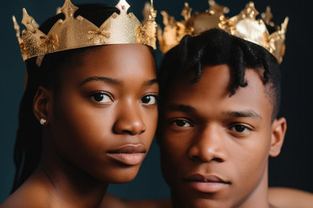 cropped shot of a different couple in queen and king crowns, created with generative aiの素材