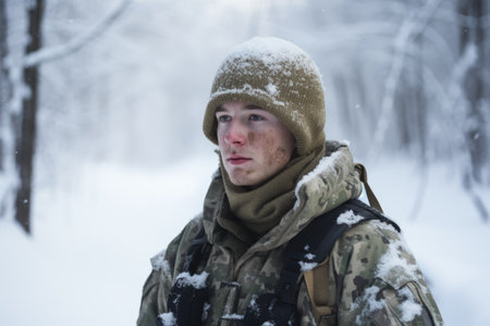 a young soldier standing in the snow, created with generative aiの素材