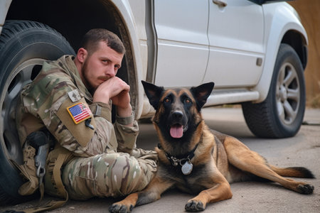 shot of an exhausted soldier leaning against a van with his dog next to him, created with generative aiの素材
