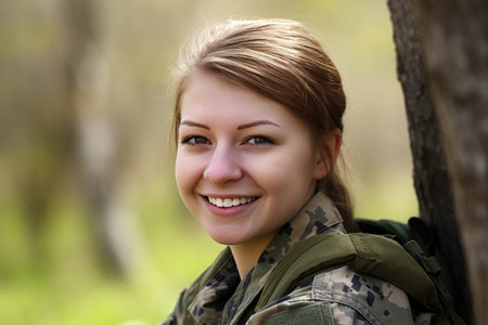 a beautiful young woman in army fatigues smiling broadly outdoors, created with generative aiの素材