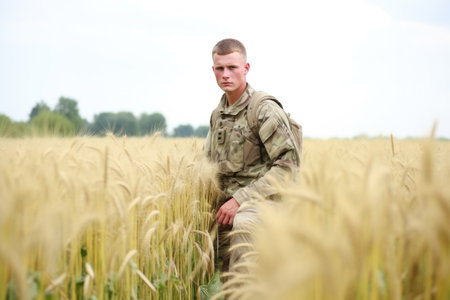 a soldier standing in front of a large digital screen with a blank image on it, created with generative aiの素材
