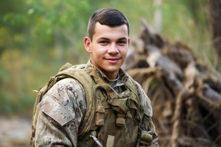 a handsome young soldier standing outside and wearing his camo with a smile on his face, created with generative aiの素材