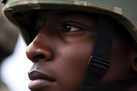 closeup cropped image of a soldier wearing his helmet, created with generative aiの素材