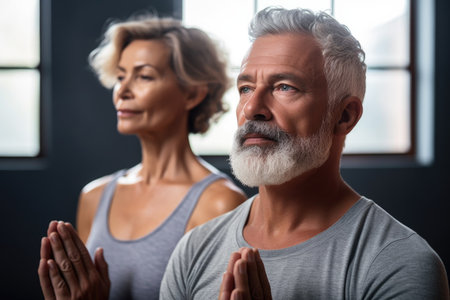 cropped shot of a mature couple meditating together at their yoga studio, created with generative aiの素材