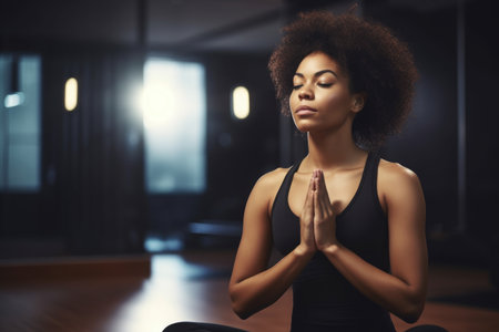 shot of a young woman meditating at the gym, created with generative aiの素材