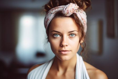 portrait of a beautiful young woman getting ready for yoga class, created with generative aiの素材