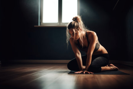 shot of a young woman doing yoga on the floor, created with generative aiの素材