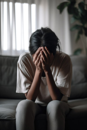 cropped shot of an unrecognizable woman crying while sitting in her living room, created with generative aiの素材