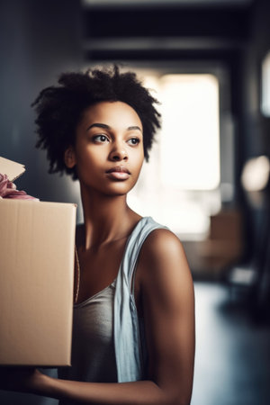 shot of a young woman carrying boxes while moving house, created with generative aiの素材