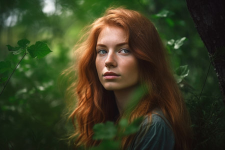 portrait of a young woman in nature, created with generative aiの素材