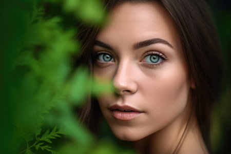 closeup of beautiful lady with green plants in the background, created with generative aiの素材