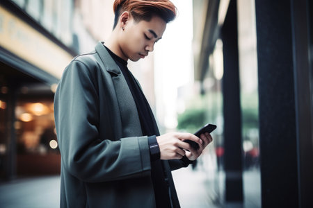 shot of a young man using his smartphone to make a mobile payment, created with generative aiの素材