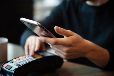 closeup shot of a young man using his mobile phone to pay for something, created with generative aiの素材