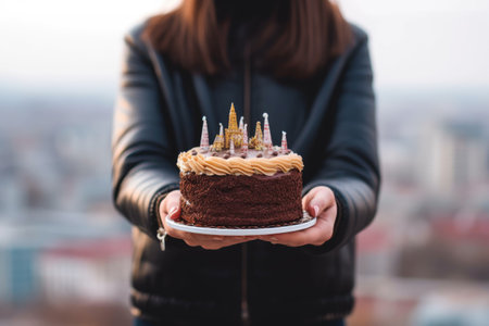 cropped shot of a young woman holding her birthday cake in front of the city background, created with generative aiの素材