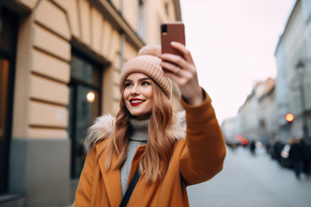 shot of a young woman using her smartphone and taking selfies in the city, created with generative aiの素材