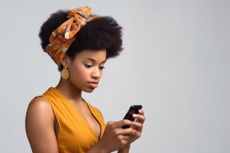 cropped studio portrait of a young woman looking at something on her phone, created with generative aiの素材