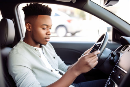 cropped shot of a young man sending a text message while sitting in his car, created with generative aiの素材