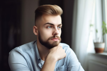 portrait of a handsome young man using his laptop at home, created with generative aiの素材