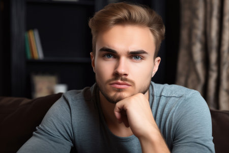 portrait of a handsome young man using his laptop at home, created with generative aiの素材