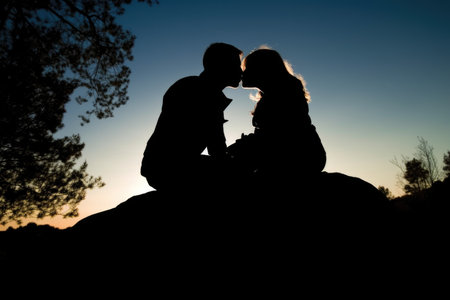 silhouette of a young couple kissing while sitting on a rock, created with generative aiの素材