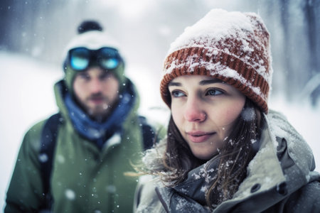 shot of a young man and woman out in the snow, created with generative aiの素材