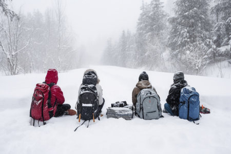 shot of a group of young friends relaxing with their backpacks outside in the snow, created with generative aiの素材