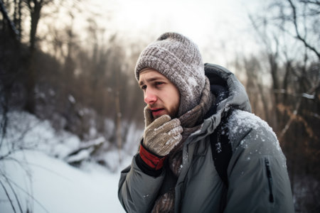 shot of a young man suffering from frostbite and hiking in the cold, created with generative aiの素材