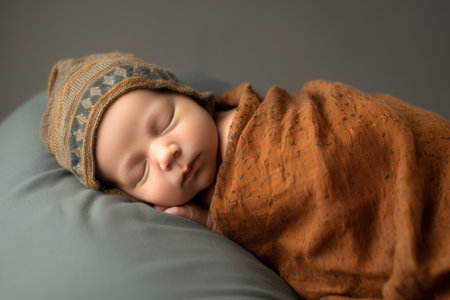 shot of a sleeping newborn baby boy against a studio background, created with generative aiの素材