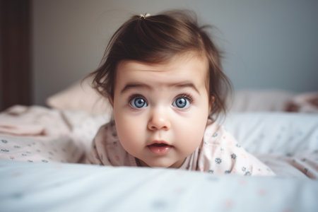 shot of a beautiful baby girl lying on her bed, created with generative aiの素材