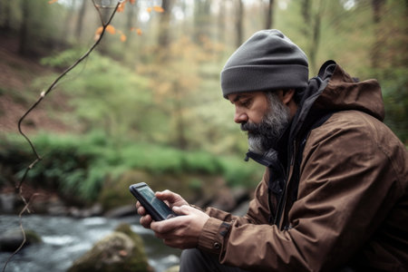 shot of a young man looking at the mountains during an outdoor hike, created with generative aiの素材