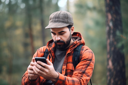 shot of a young man looking at the mountains during an outdoor hike, created with generative aiの素材