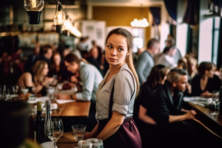 shot of a waitress in a busy restaurant, created with generative aiの素材