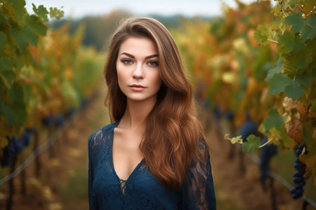 a beautiful young woman standing in the middle of a vineyard, created with generative aiの素材