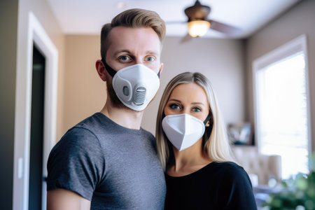 shot of a young man wearing a full face mask alongside his wife in their home, created with generative aiの素材