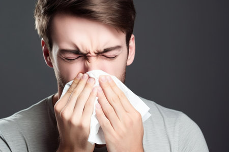 shot of a young man covering his nose and mouth with a handkerchief, created with generative aiの素材