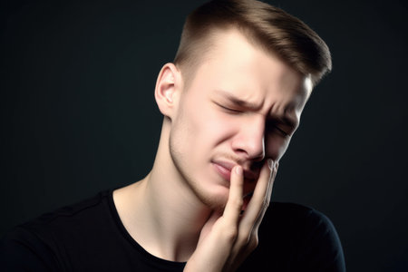 shot of a young man holding his face in pain, created with generative aiの素材