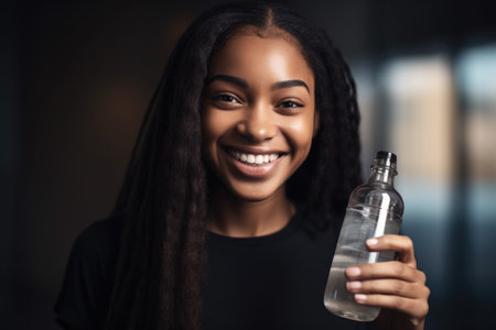 shot of a young woman smiling while holding up bottled water, created with generative aiの素材