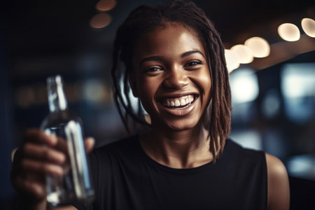 shot of a young woman smiling while holding up bottled water, created with generative aiの素材