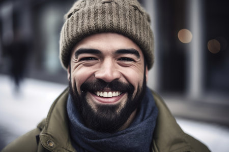 closeup of a smiling man standing outside on a cold day, created with generative aiの素材