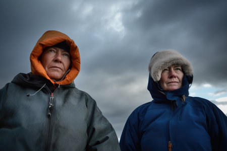 two people wearing thick jackets, coats and hats against a stormy sky, created with generative aiの素材