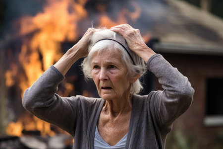 woman with hands on head and confused at burning house, created with generative aiの素材