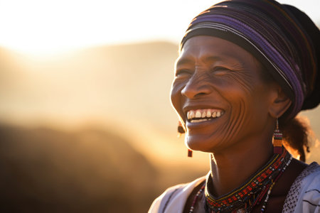 an ethnic woman facing the sun and smiling, created with generative aiの素材