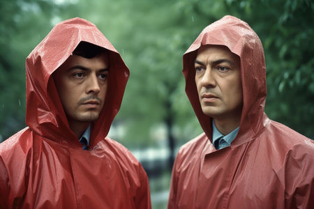 two men wearing raincoats outside in the pouring rain, created with generative aiの素材
