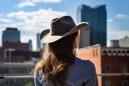 rearview shot of a young woman wearing a stetson against an urban background, created with generative aiの素材